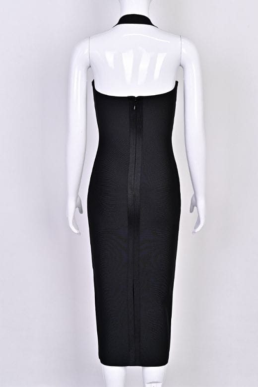 Woman wearing a figure flattering Raya Bodycon Midi Dress - Classic Black BODYCON COLLECTION Pty Ltd
