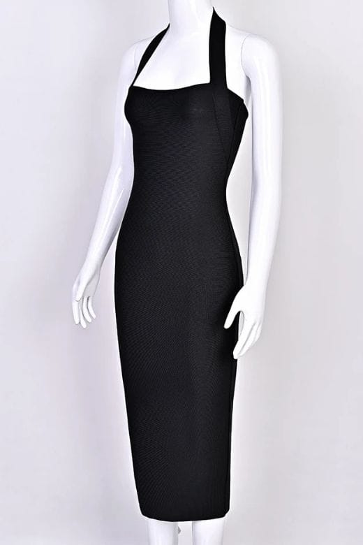 Woman wearing a figure flattering Raya Bodycon Midi Dress - Classic Black BODYCON COLLECTION Pty Ltd