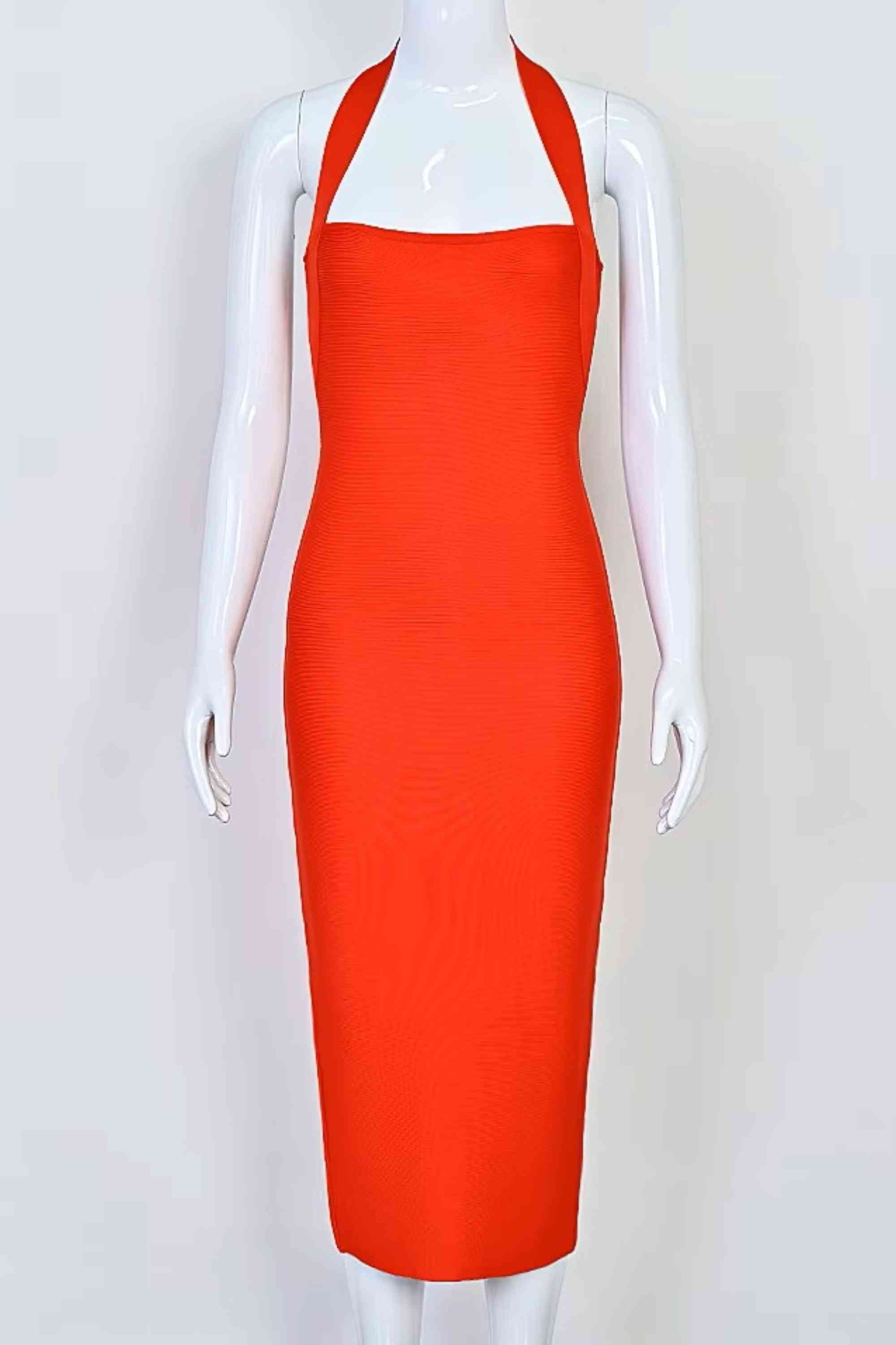 Woman wearing a figure flattering Raya Bodycon Midi Dress - Lipstick Red BODYCON COLLECTION Pty Ltd