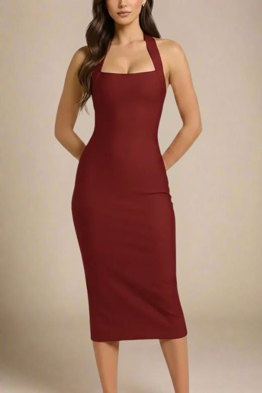 Woman wearing a figure flattering Raya Bodycon Midi Dress - Red Wine BODYCON COLLECTION Pty Ltd
