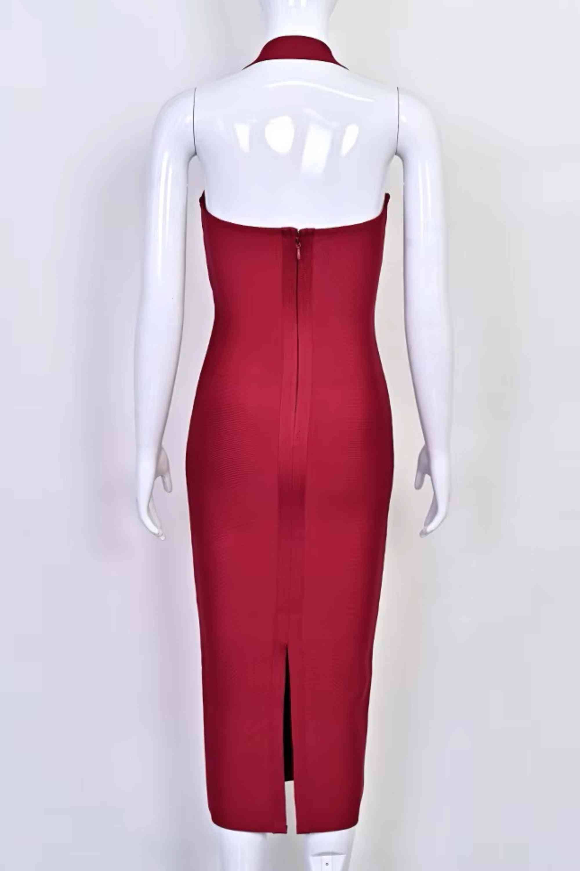 Woman wearing a figure flattering Raya Bodycon Midi Dress - Red Wine BODYCON COLLECTION Pty Ltd