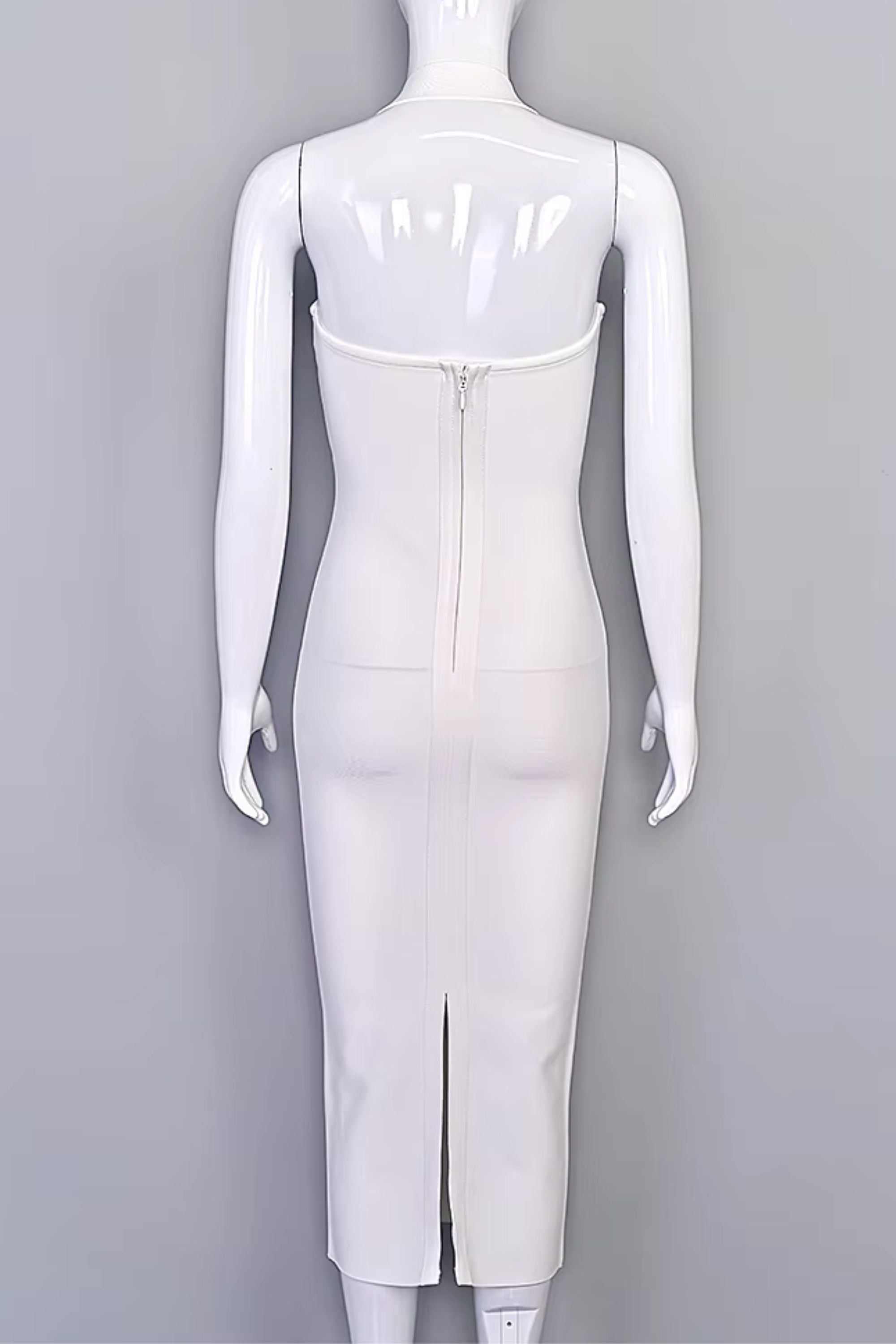 Woman wearing a figure flattering Raya Bodycon Midi Dress - White Pearl BODYCON COLLECTION Pty Ltd