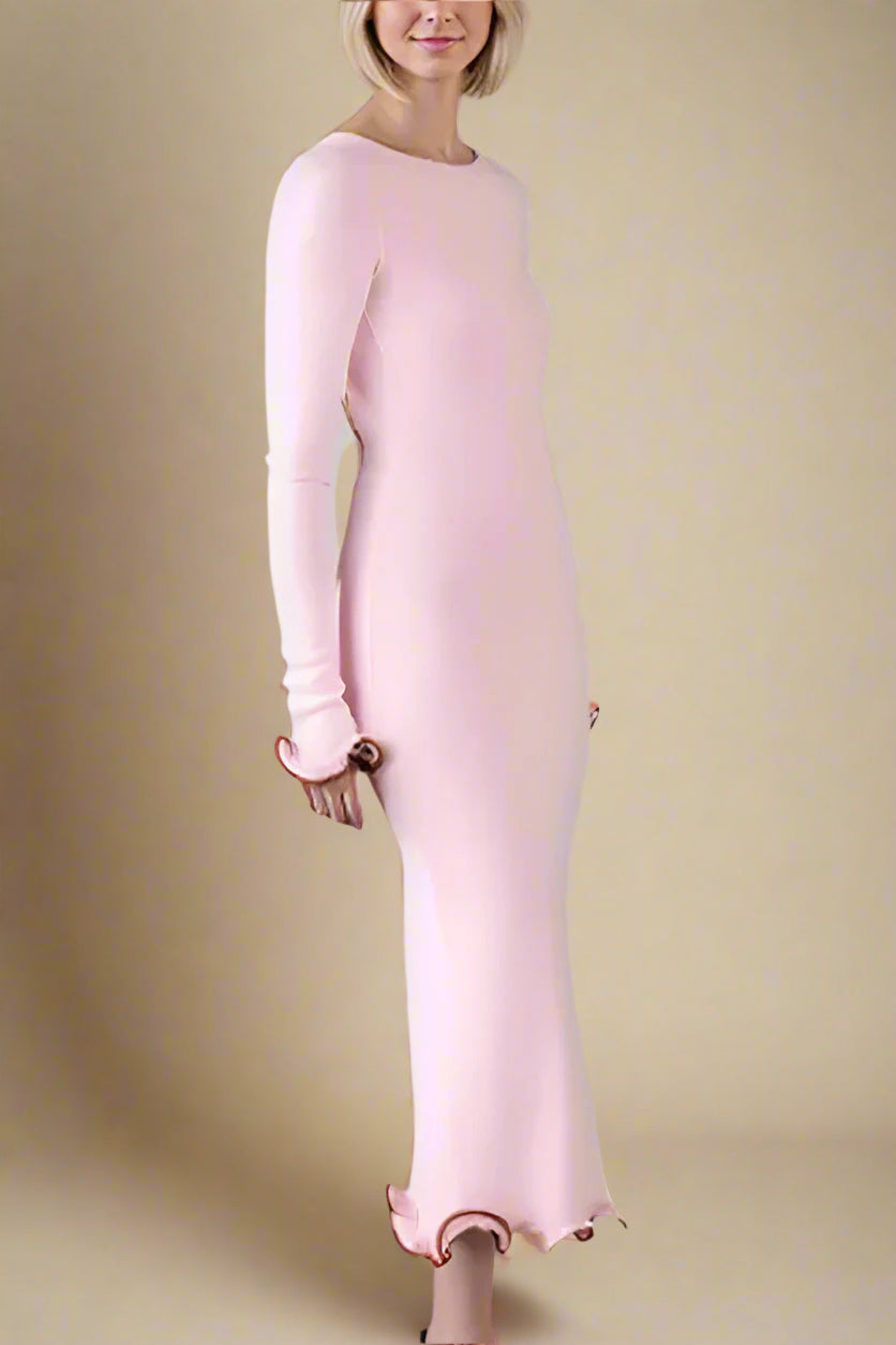 Woman wearing a figure flattering Regina Long Sleeve Bodycon Maxi Dress - Dusty Pink BODYCON COLLECTION