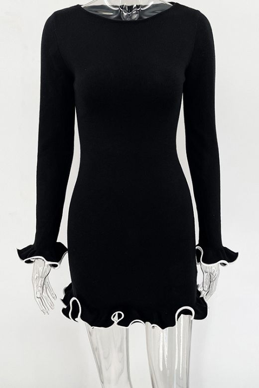 Woman wearing a figure flattering Regina Long Sleeve Bodycon Mini Dress - Classic Black BODYCON COLLECTION