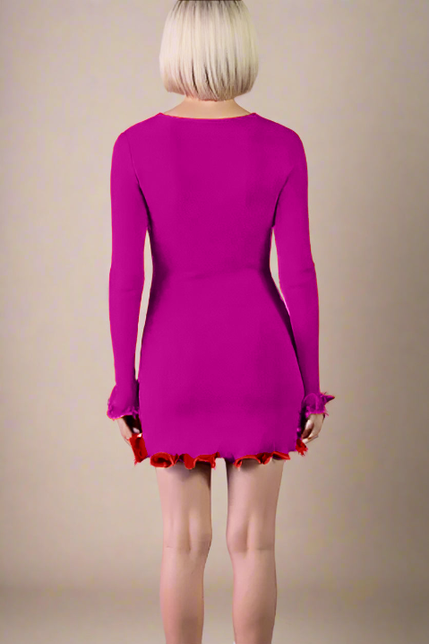 Woman wearing a figure flattering Regina Long Sleeve Bodycon Mini Dress - Magenta Pink BODYCON COLLECTION