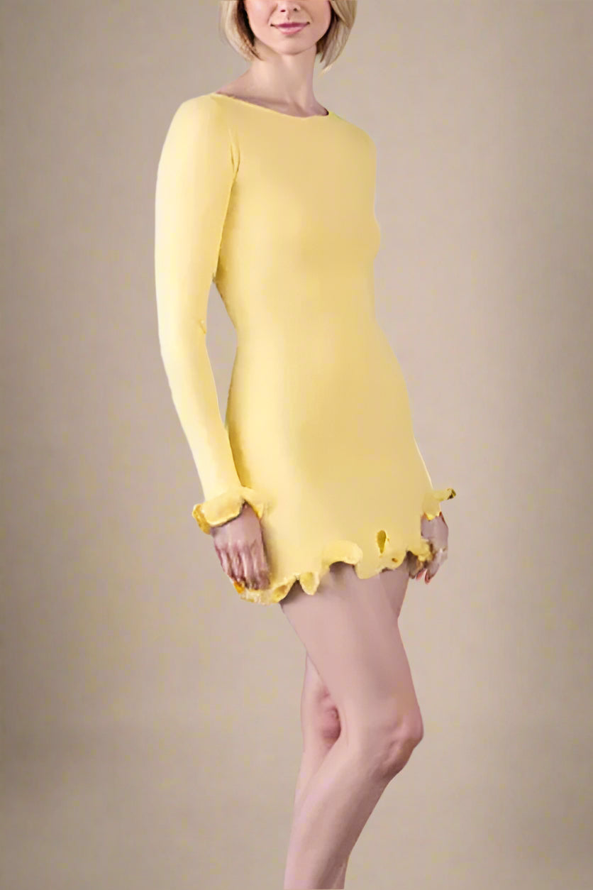 Woman wearing a figure flattering Regina Long Sleeve Bodycon Mini Dress - Sun Yellow BODYCON COLLECTION