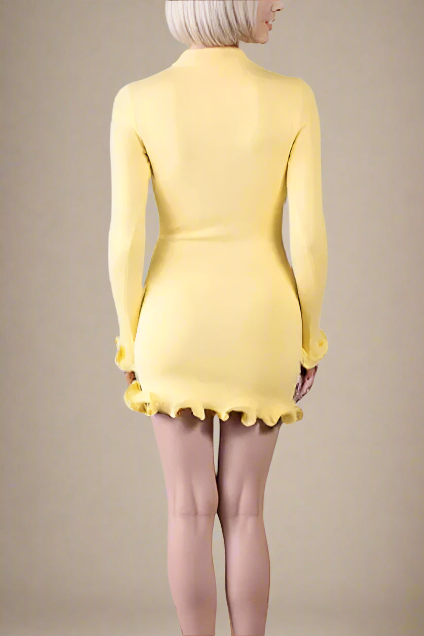 Woman wearing a figure flattering Regina Long Sleeve Bodycon Mini Dress - Sun Yellow BODYCON COLLECTION