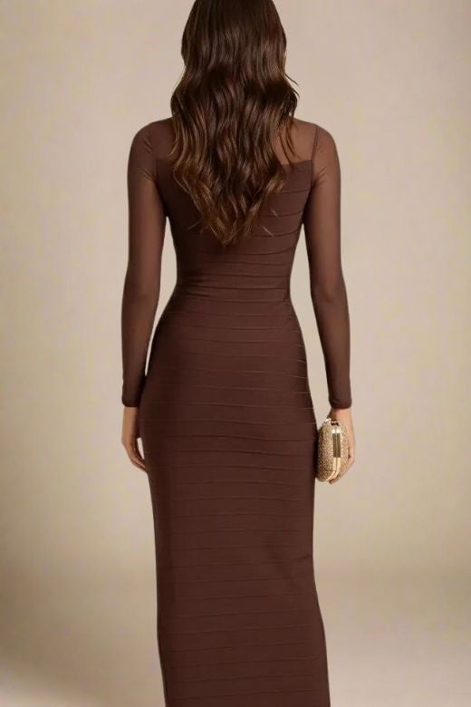 Woman wearing a figure flattering Robin Long Sleeve Bandage Maxi Dress - Tan Brown BODYCON COLLECTION Pty Ltd