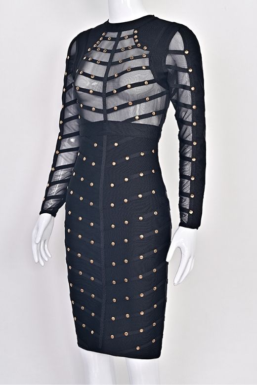 Woman wearing a figure flattering Rosa Long Sleeve Bodycon Dress - Classic Black BODYCON COLLECTION