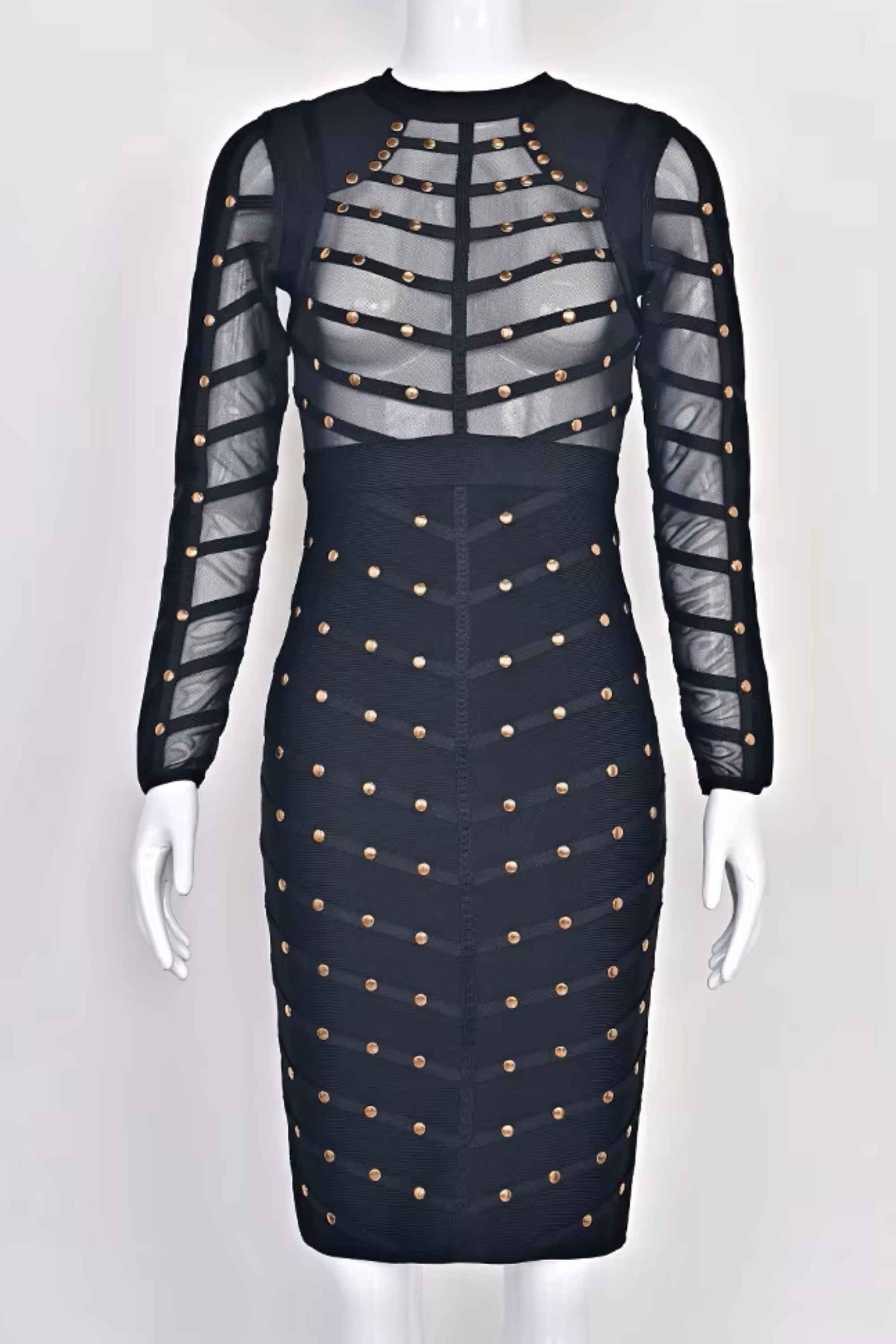 Woman wearing a figure flattering Rosa Long Sleeve Bodycon Dress - Classic Black BODYCON COLLECTION