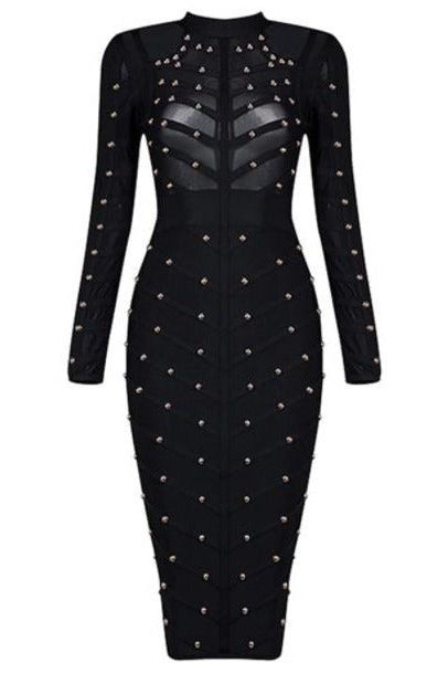 Woman wearing a figure flattering  Rosa Long Sleeve Bodycon Dress - Classic Black BODYCON COLLECTION