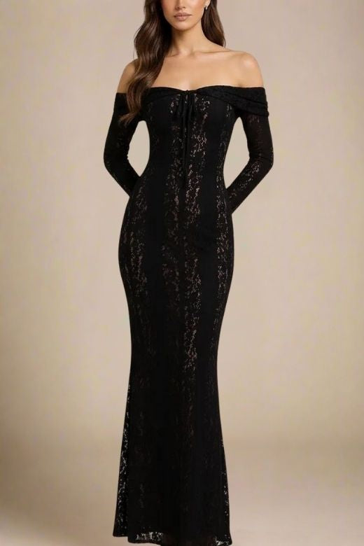chinese dress ladies Scuba & Lace Long Sleeve Maxi Dress - Black main image 0