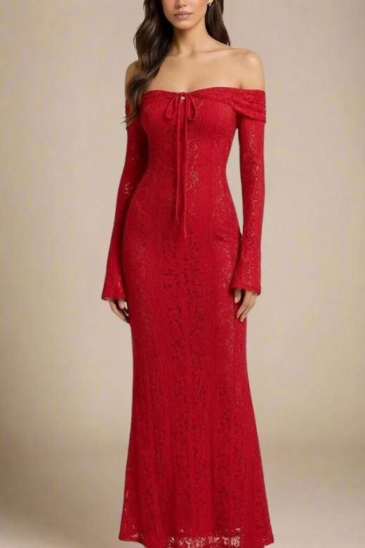 Woman wearing a figure flattering Rose Long Sleeve Bodycon Maxi Dress - Lipstick Red BODYCON COLLECTION