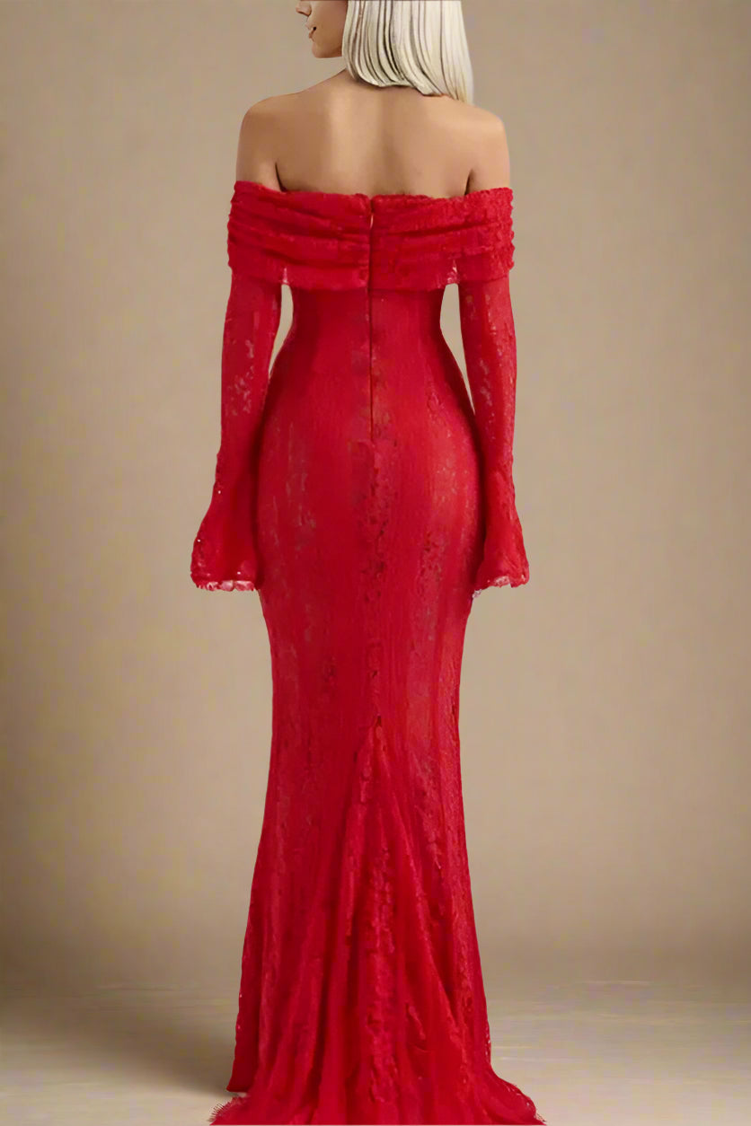 Woman wearing a figure flattering Rose Long Sleeve Bodycon Maxi Dress - Lipstick Red BODYCON COLLECTION