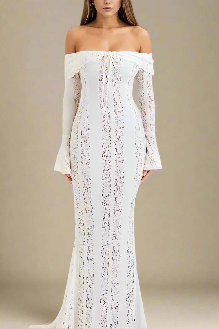 Woman wearing a figure flattering Rose Long Sleeve Bodycon Maxi Dress - Pearl White BODYCON COLLECTION