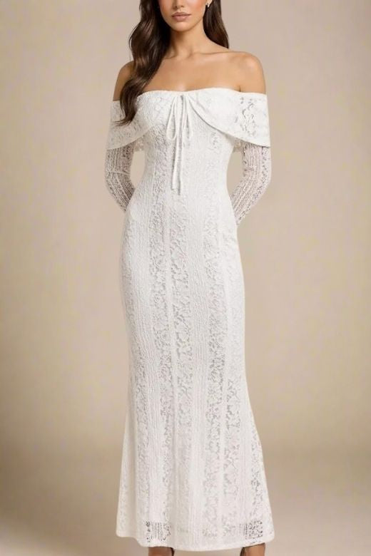 Woman wearing a figure flattering Rose Long Sleeve Bodycon Maxi Dress - Pearl White BODYCON COLLECTION