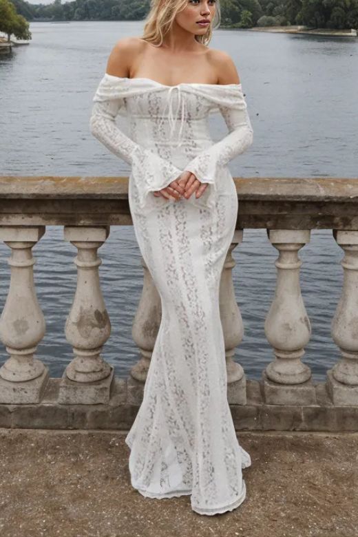 Woman wearing a figure flattering Rose Long Sleeve Bodycon Maxi Dress - Pearl White BODYCON COLLECTION