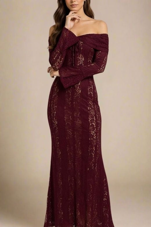 Woman wearing a figure flattering Rose Long Sleeve Bodycon Maxi Dress - Sangria Purple BODYCON COLLECTION