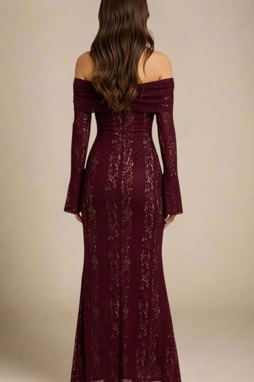Woman wearing a figure flattering Rose Long Sleeve Bodycon Maxi Dress - Sangria Purple BODYCON COLLECTION