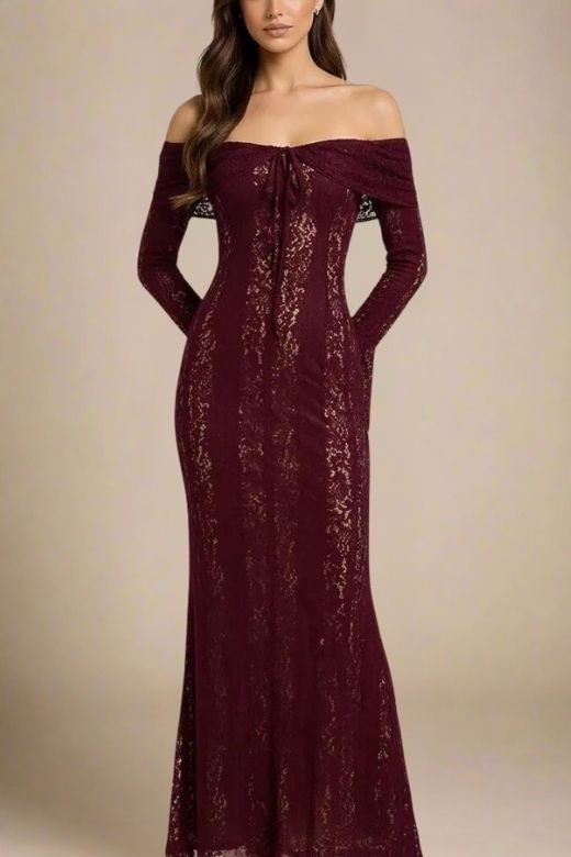 Woman wearing a figure flattering Rose Long Sleeve Bodycon Maxi Dress - Sangria Purple BODYCON COLLECTION