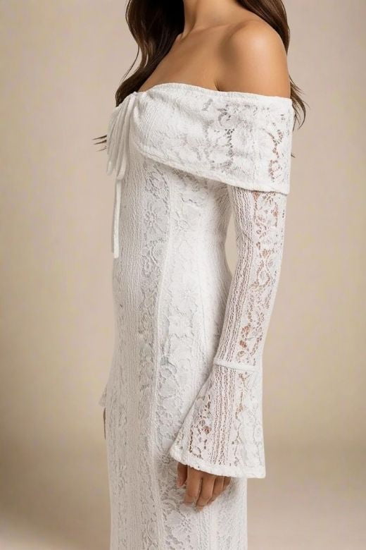 Woman wearing a figure flattering Rose Long Sleeve Bodycon Maxi Dress - White Pearl BODYCON COLLECTION