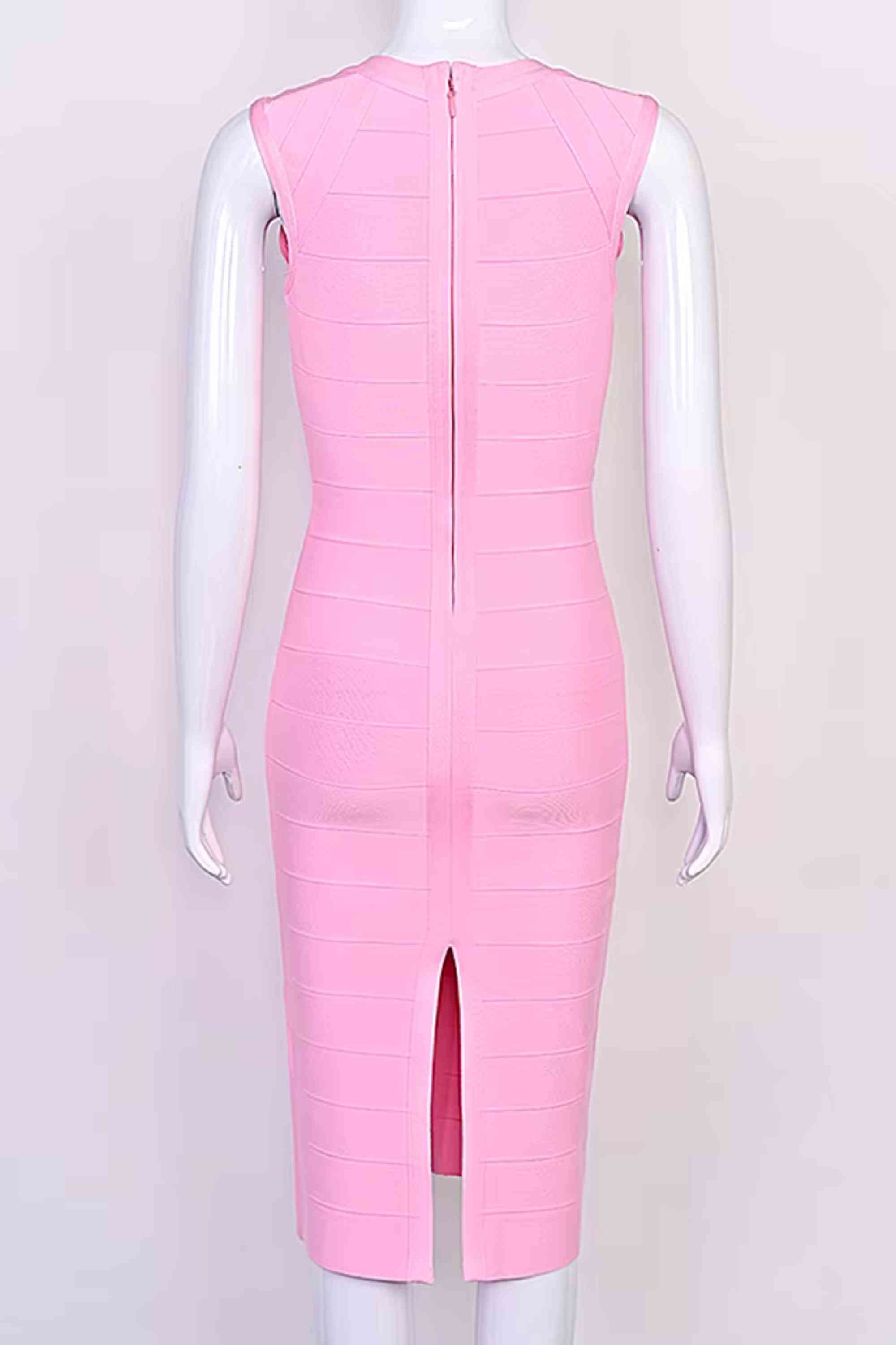 Woman wearing a figure flattering Sabrina Bandage Midi Dress - Dusty Pink BODYCON COLLECTION Pty Ltd