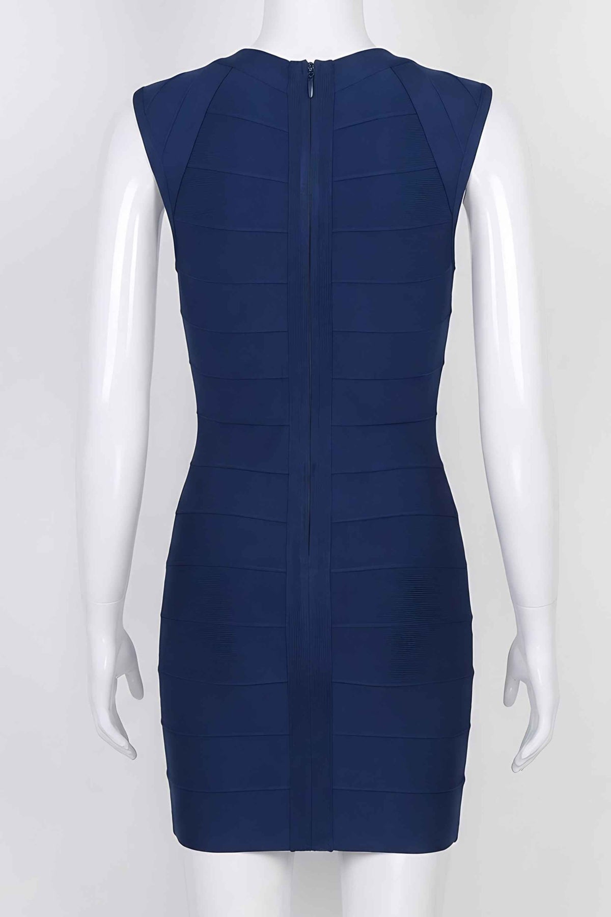 Woman wearing a figure flattering Sabrina Bandage Mini Dress - Navy Blue BODYCON COLLECTION Pty Ltd