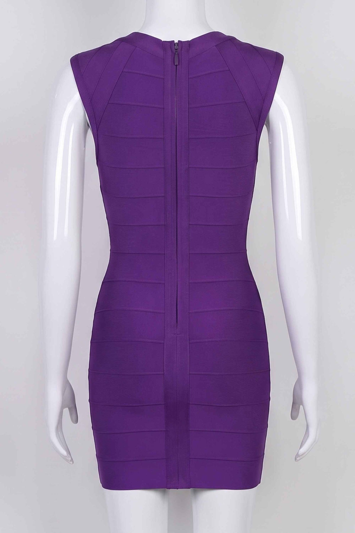 Woman wearing a figure flattering Sabrina Bandage Mini Dress - Plum Purple BODYCON COLLECTION Pty Ltd