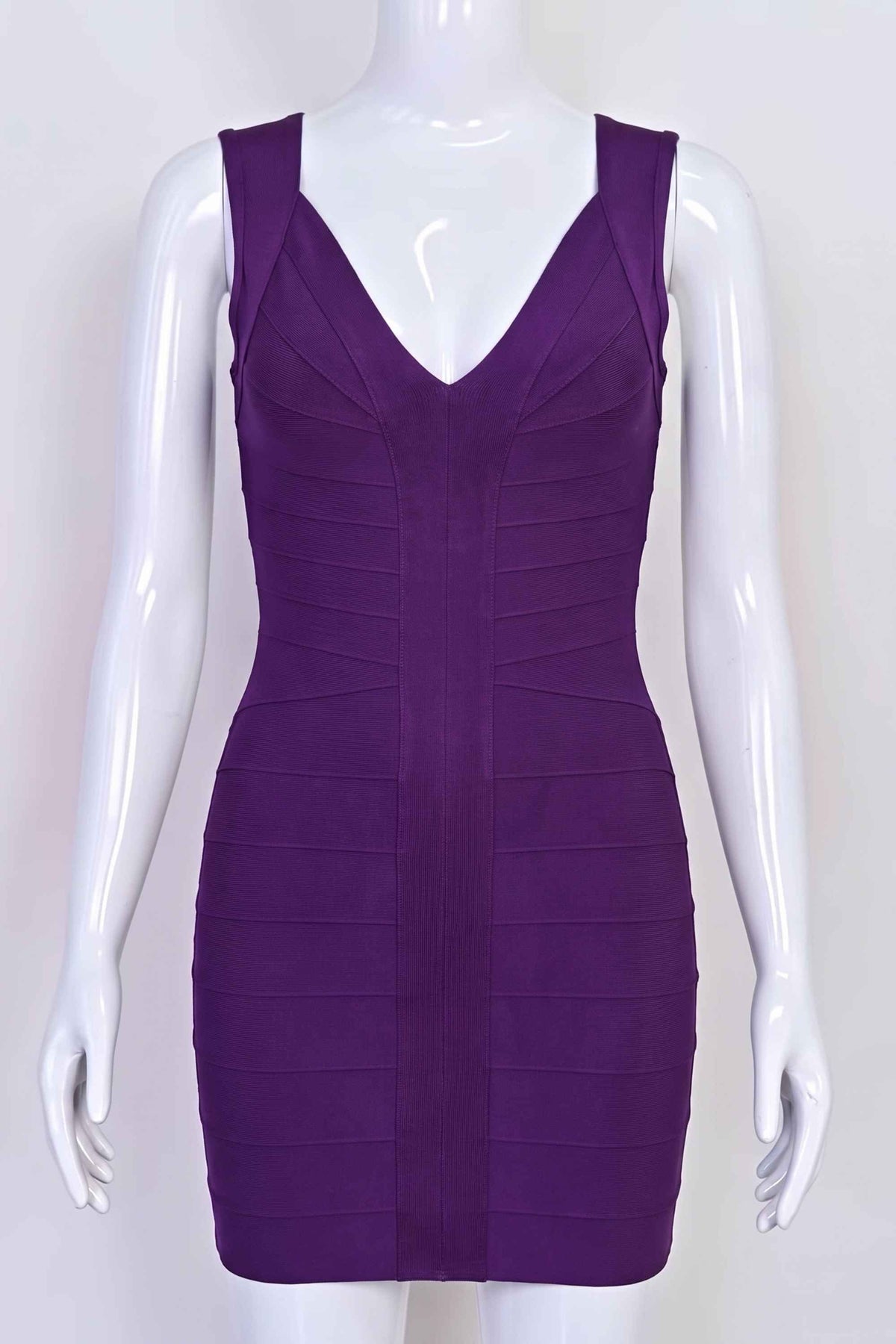 Woman wearing a figure flattering Sabrina Bandage Mini Dress - Plum Purple BODYCON COLLECTION Pty Ltd