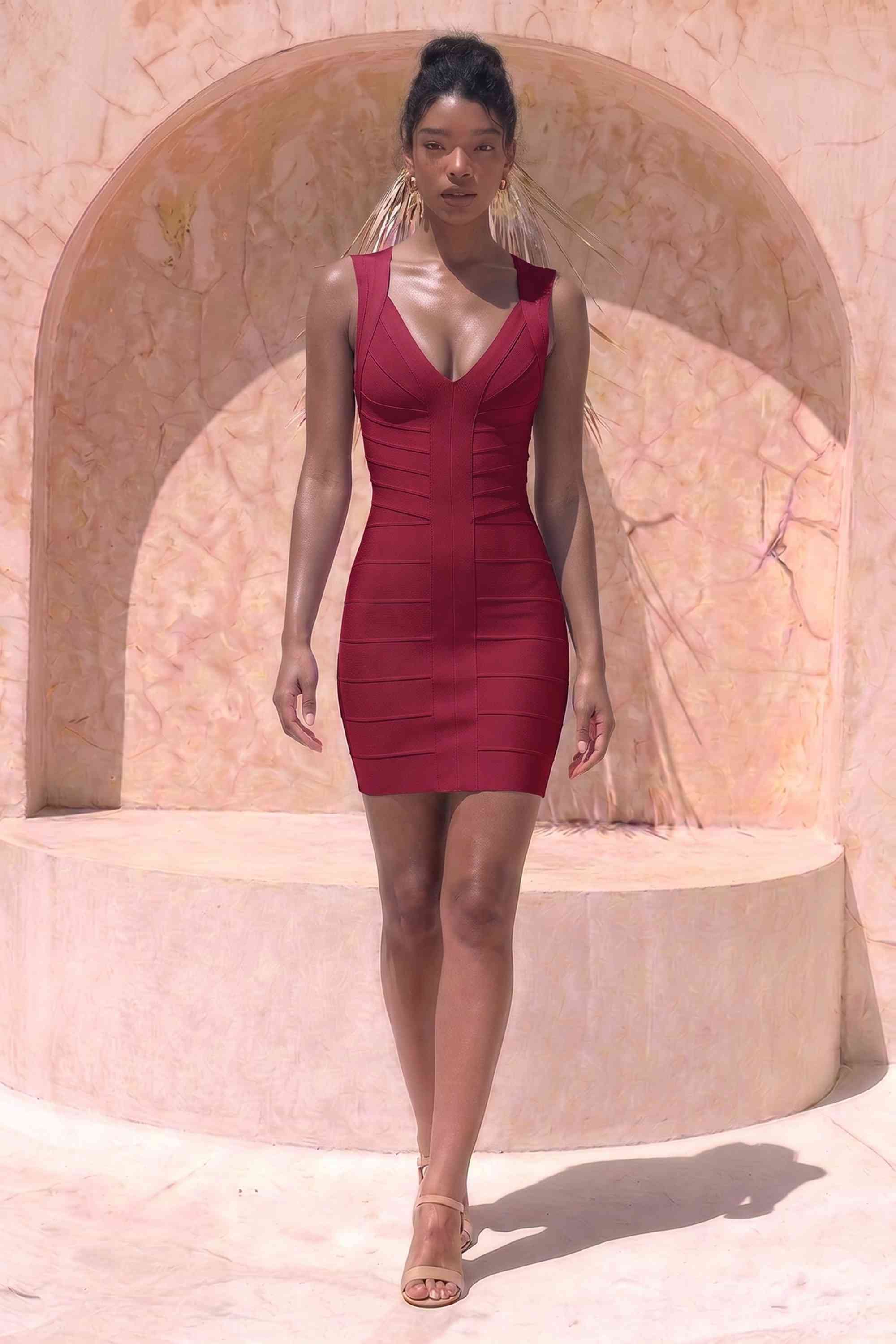 Woman wearing a figure flattering Sabrina Bandage Mini Dress - Red Wine BODYCON COLLECTION Pty Ltd