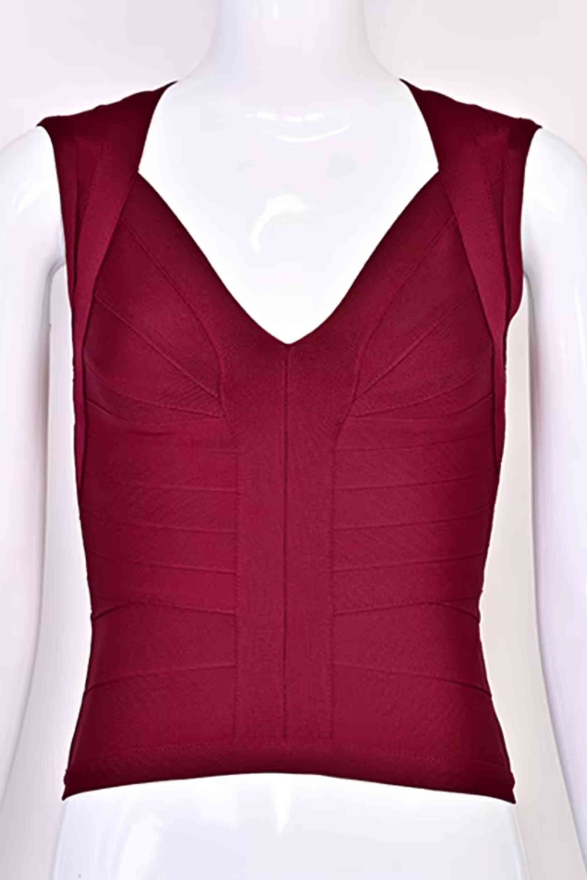 Woman wearing a figure flattering Sabrina Bandage Top - Red Wine BODYCON COLLECTION Pty Ltd