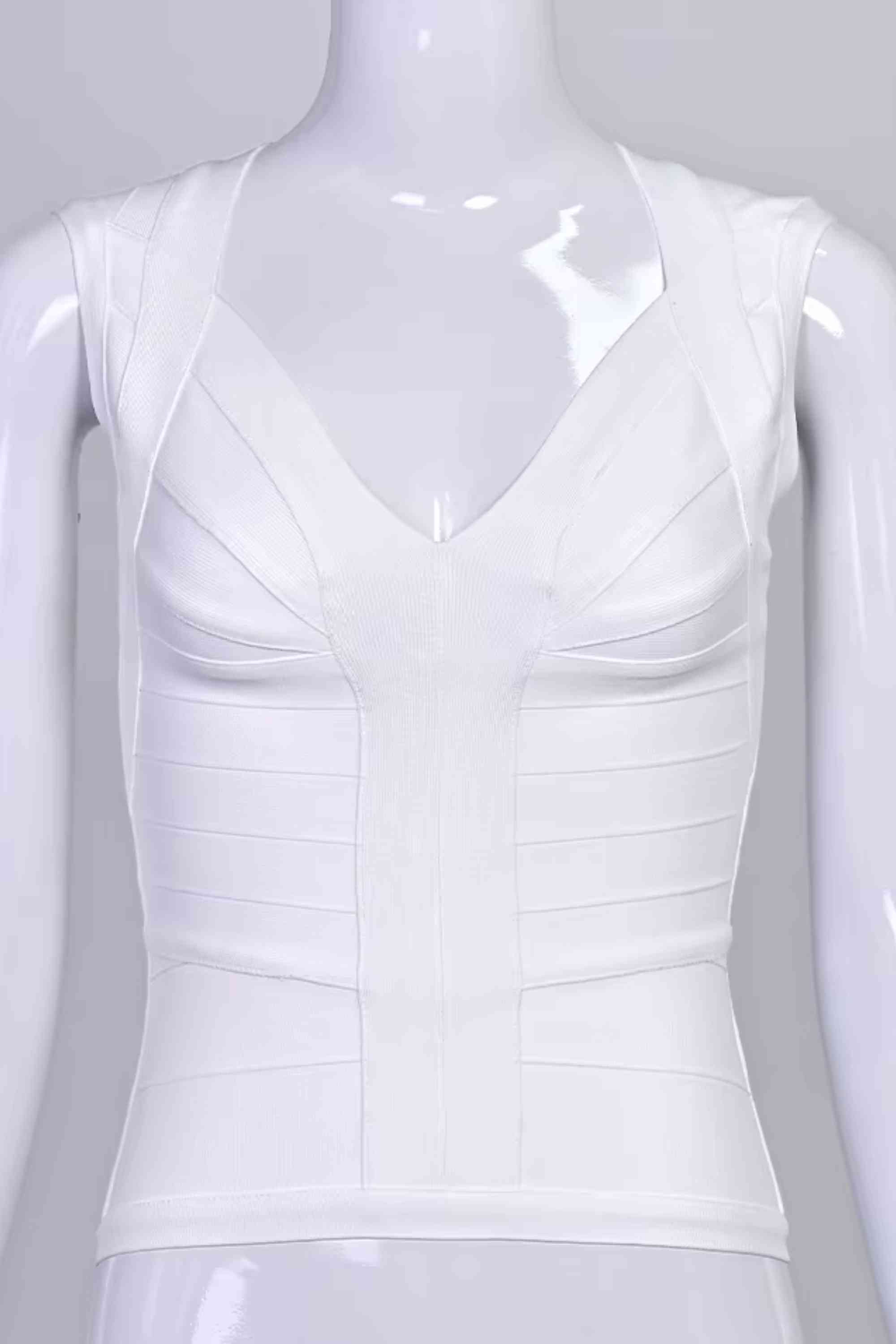 Woman wearing a figure flattering Sabrina Bandage Top - White Pearl BODYCON COLLECTION Pty Ltd
