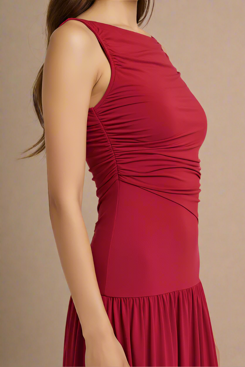Woman wearing a figure flattering  Saint Bodycon Wrap Maxi Dress - Chilli Red BODYCON COLLECTION Pty Ltd