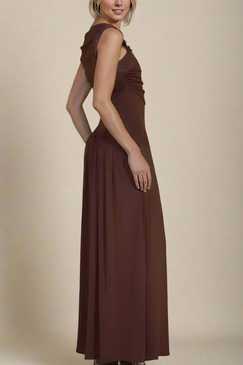 Woman wearing a figure flattering Saint Bodycon Wrap Maxi Dress - Chocolate Brown BODYCON COLLECTION Pty Ltd