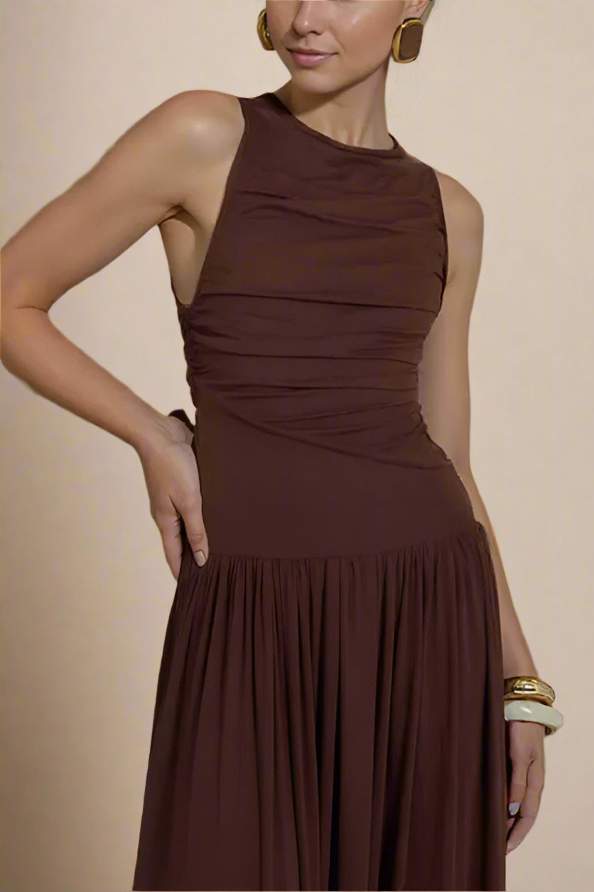 Woman wearing a figure flattering Saint Bodycon Wrap Maxi Dress - Chocolate Brown BODYCON COLLECTION Pty Ltd