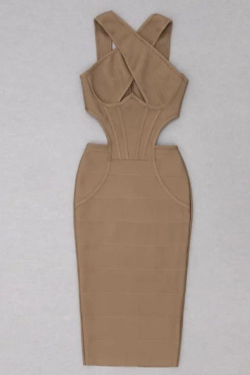 Woman wearing a figure flattering Sasha Bandage Midi Dress - Classic Black BODYCON COLLECTION