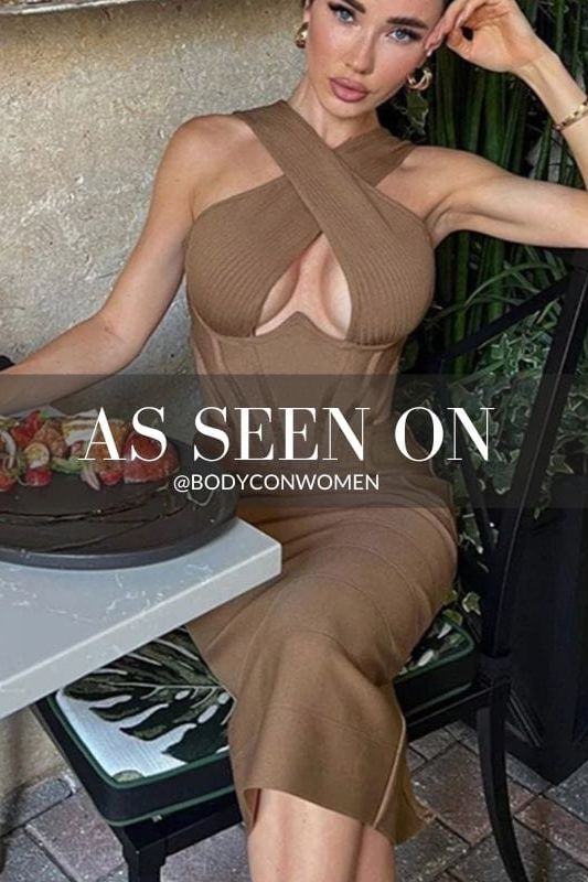 Woman wearing a figure flattering Sasha Bandage Midi Dress - Tan BODYCON COLLECTION