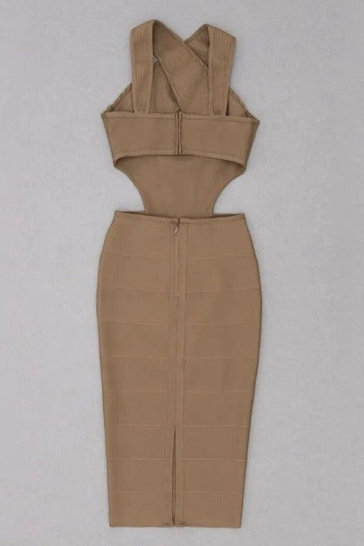 Woman wearing a figure flattering Sasha Bandage Midi Dress - Tan BODYCON COLLECTION