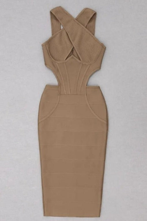 Woman wearing a figure flattering Sasha Bandage Midi Dress - Tan BODYCON COLLECTION