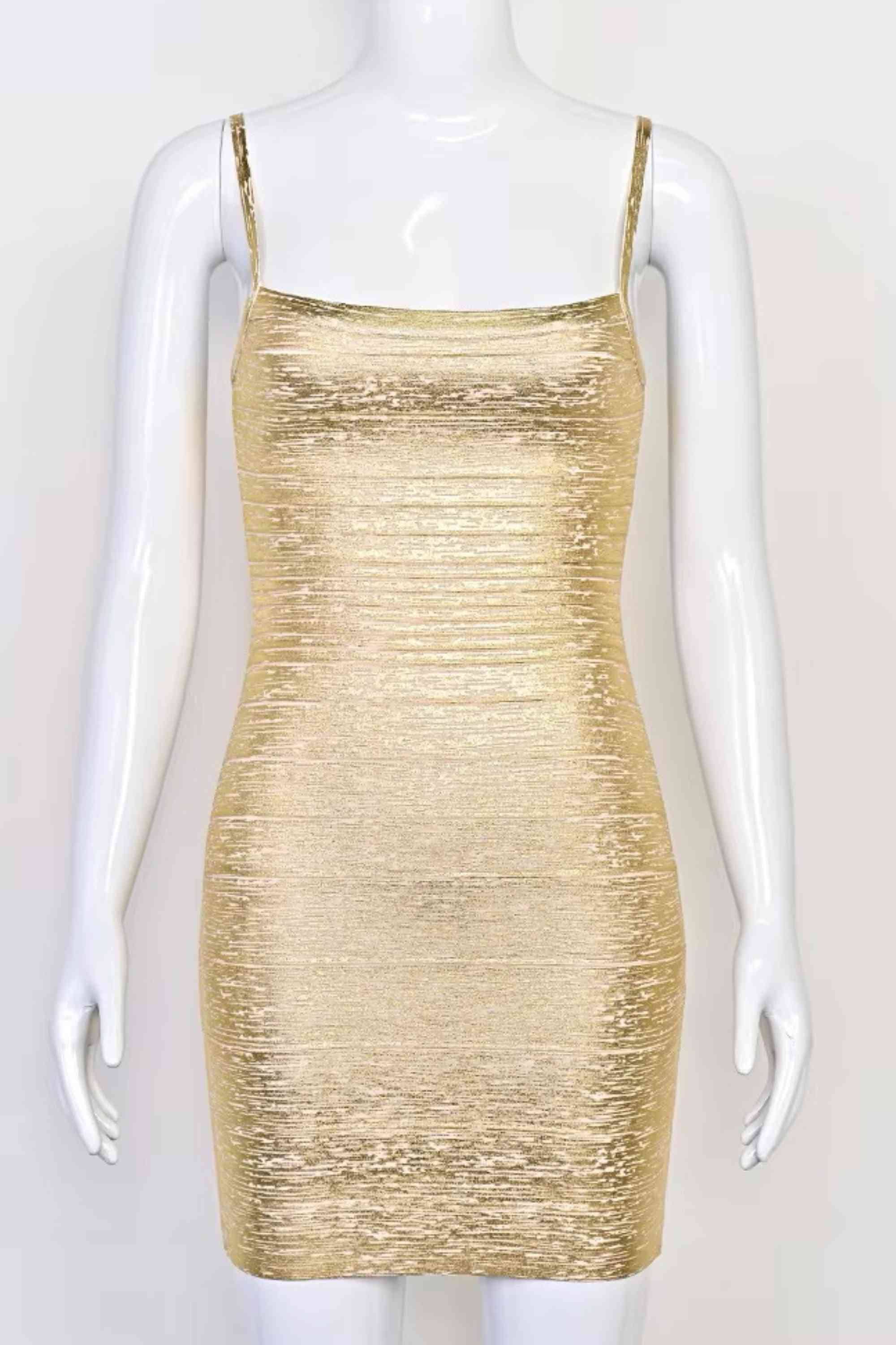 Woman wearing a figure flattering Scarlett Bandage Mini Dress - Gold BODYCON COLLECTION Pty Ltd