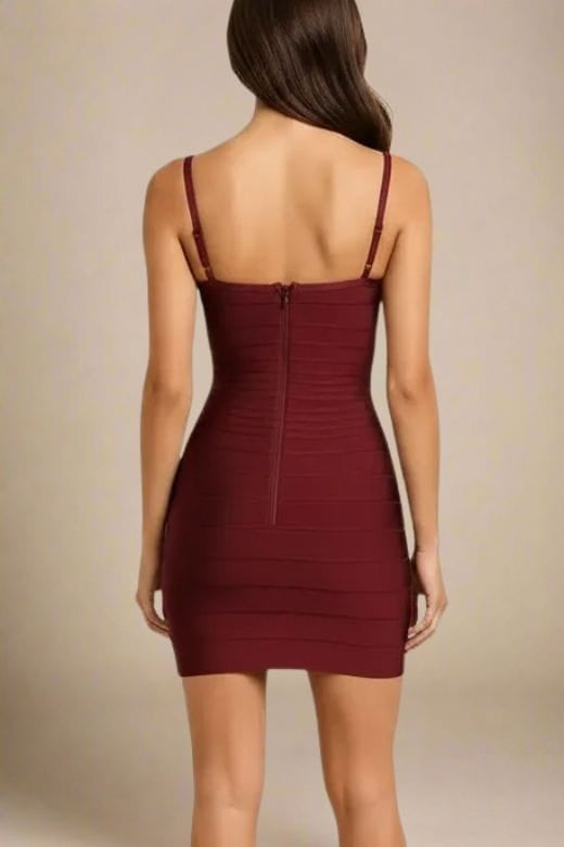 Woman wearing a figure flattering Scarlett Bandage Mini Dress - Red Wine BODYCON COLLECTION Pty Ltd