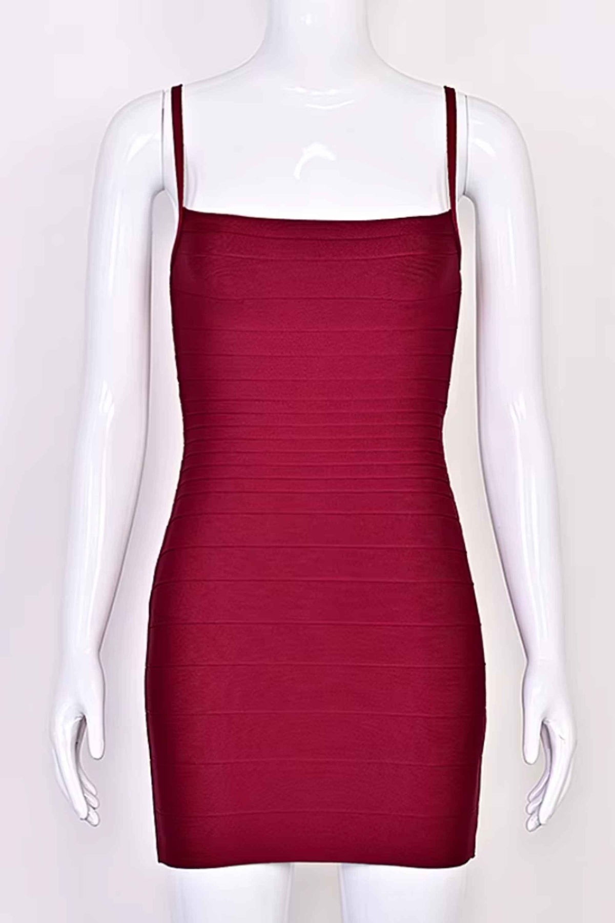 Woman wearing a figure flattering Scarlett Bandage Mini Dress - Red Wine BODYCON COLLECTION Pty Ltd
