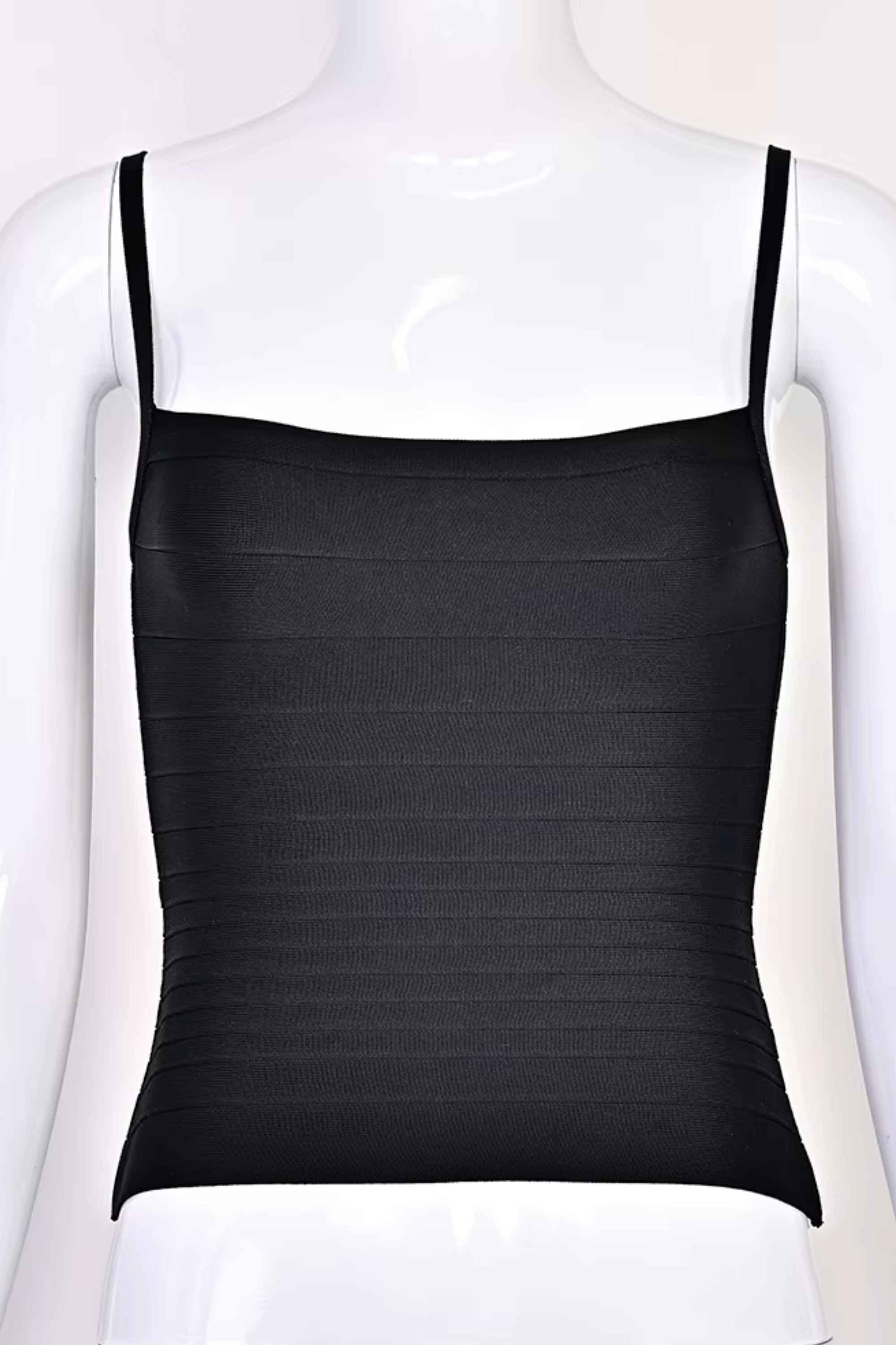 Woman wearing a figure flattering Scarlett Bandage Tank Top - Classic Black BODYCON COLLECTION Pty Ltd