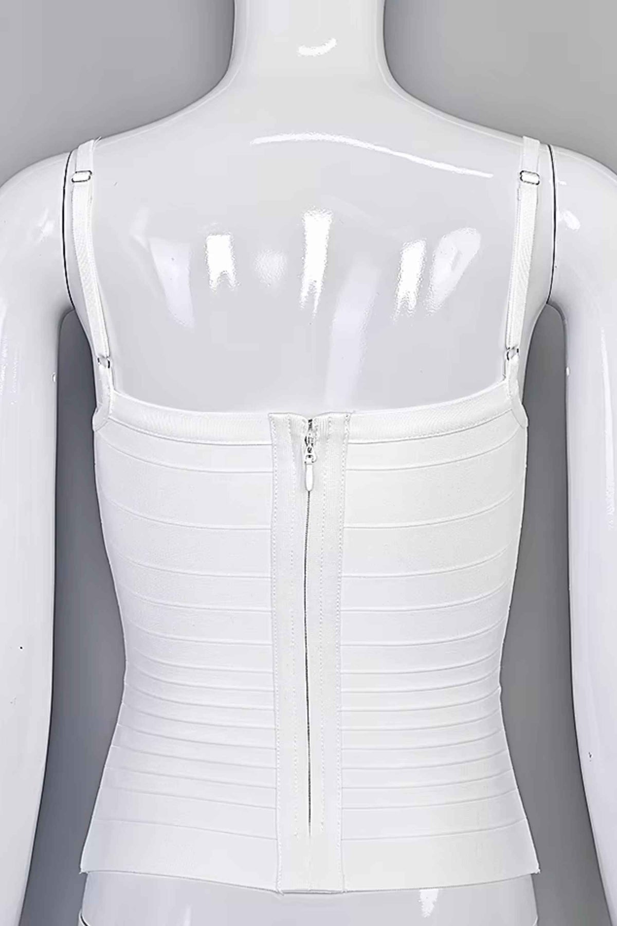 Woman wearing a figure flattering Scarlett Bandage Tank Top - White Pearl BODYCON COLLECTION Pty Ltd