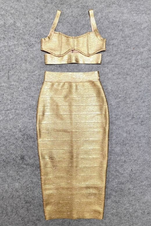 Woman wearing a figure flattering Selene Bandage Crop Top and Midi Skirt Set - Gold BODYCON COLLECTION Pty Ltd