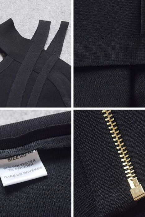 Woman wearing a figure flattering Sia Bandage Dress - Classic Black Bodycon Collection