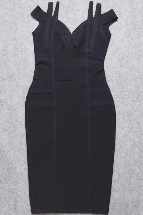 Woman wearing a figure flattering Sia Bandage Dress - Classic Black Bodycon Collection