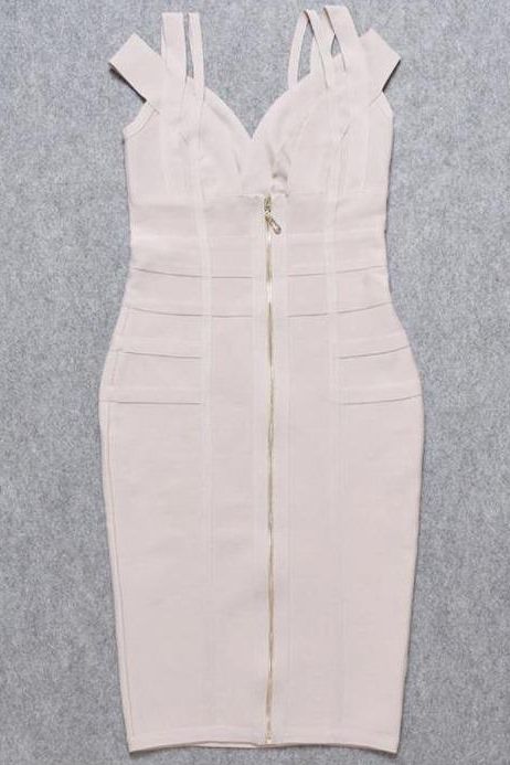 Woman wearing a figure flattering Sia Bandage Dress - Cream Bodycon Collection