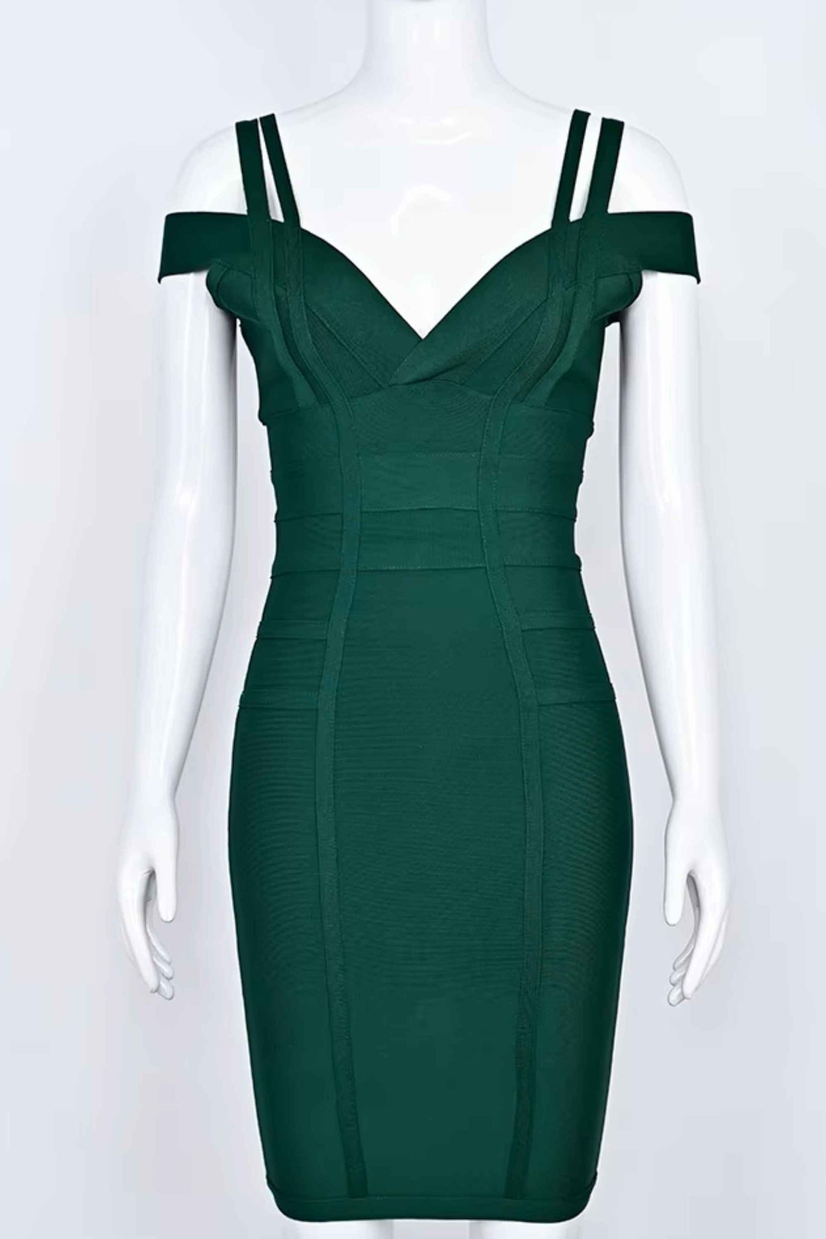 Woman wearing a figure flattering Sia Bandage Dress - Emerald Green Bodycon Collection