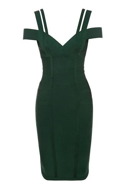 Woman wearing a figure flattering  Sia Bandage Dress - Emerald Green Bodycon Collection